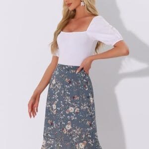 Allegra K Women's Floral Midi Skirts Summer Ruffle High Waist Flowy A-Line Split Knee Length Skirt