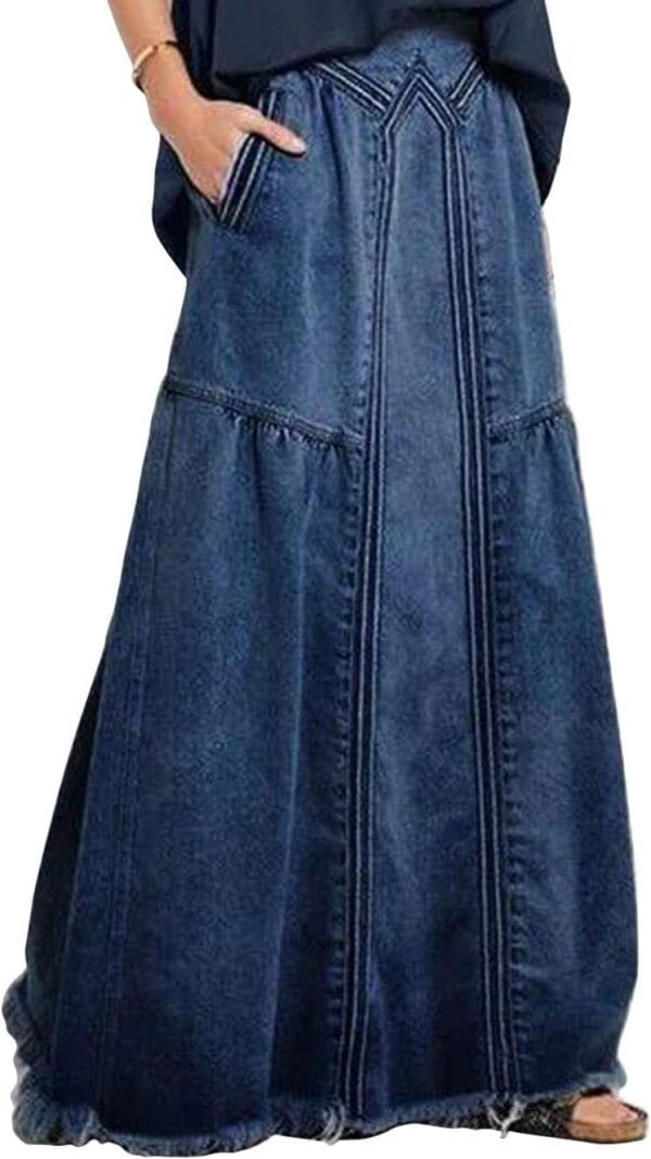 ebossy Women's Casual Elastic Waist Frayed Hem A-Line Distressed Hippie Long Maxi Denim Skirt