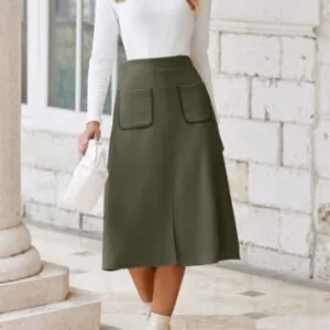 Happy Sailed Women's Faux Suede Midi Skirt Fall Winter Elastic Waist Front Pockets A Line Long Work Skirts with Split