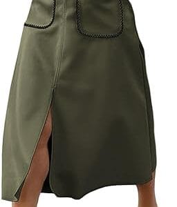 Happy Sailed Women's Faux Suede Midi Skirt Fall Winter Elastic Waist Front Pockets A Line Long Work Skirts with Split