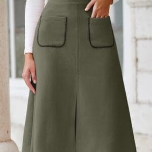 Happy Sailed Women's Faux Suede Midi Skirt Fall Winter Elastic Waist Front Pockets A Line Long Work Skirts with Split