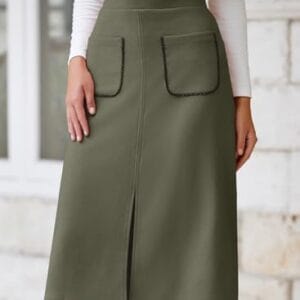 Happy Sailed Women's Faux Suede Midi Skirt Fall Winter Elastic Waist Front Pockets A Line Long Work Skirts with Split