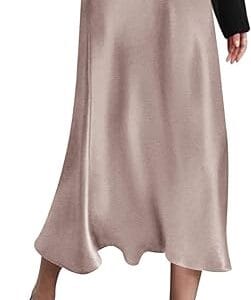 HOTOUCH Womens Midi Skirt High Waisted Solid Satin Dress Zipper Elegant Work Skirts