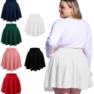 Moon Wood Women's Plus Size Mini Skater Skirt- Basic Versatile High Waisted Flared Casual Stretchy Skirts