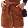 Susupeng Women Paperbag High Waist Elastic Belted Corduroy Button Front with Pockets Short Mini Skirt