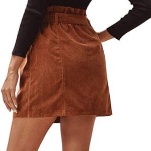 Susupeng Women Paperbag High Waist Elastic Belted Corduroy Button Front with Pockets Short Mini Skirt