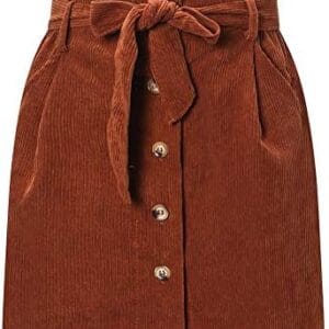 Susupeng Women Paperbag High Waist Elastic Belted Corduroy Button Front with Pockets Short Mini Skirt