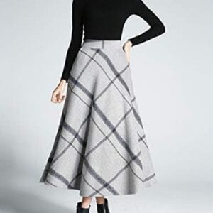 Tanming Women's Winter Warm Elastic Waist Wool Plaid A-Line Pleated Long Skirt