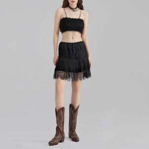 Women Lace Mini Skirt Y2k Ruffle Low Waist Layered Pleated Flowy Skirt