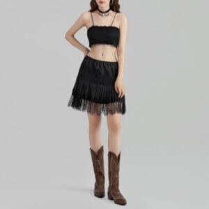 Women Lace Mini Skirt Y2k Ruffle Low Waist Layered Pleated Flowy Skirt