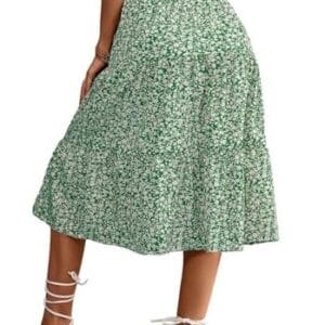 Women's High Elastic Waist Midi Skirt Casual Summer Trendy Tie Front Flowy Ruffle Floral Print A line Skirts 626