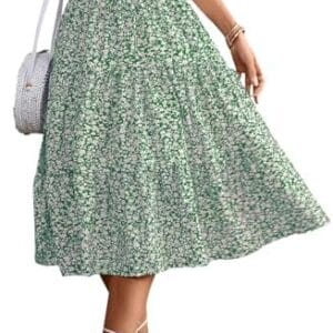 Women's High Elastic Waist Midi Skirt Casual Summer Trendy Tie Front Flowy Ruffle Floral Print A line Skirts 626