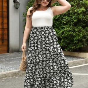 Women's Long Maxi Plus Size Skirt 2024 Trendy Flowy Elastic High Waist Casual Spring Swing A-line Floral Skirts