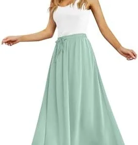 Yincro Women's Flowy Maxi Skirt Summer Pleated High Waisted Casual Long Skirts with Pockets