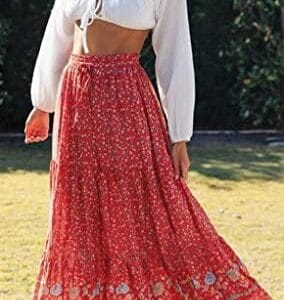 ZESICA Women's 2024 Summer Bohemian Floral Printed Elastic Waist A Line Maxi Skirt with Pockets