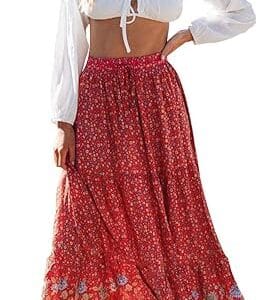 ZESICA Women's 2024 Summer Bohemian Floral Printed Elastic Waist A Line Maxi Skirt with Pockets